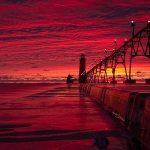 Fiery Sunset At Grand Haven Pier / Michigan / Lighthouse / Canvas / Metal Print / Michigan Photography