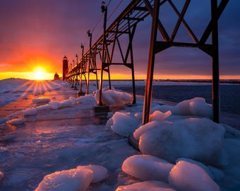Fire on Ice /  Grand Haven Lighthouse / Michigan / Lighthouse / Canvas / Metal Print / Michigan Photography