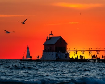 Fall’s Knock on Summer’s Door  / Grand Haven Lighthouse / Sailboat/ Michigan / Lighthouse / Canvas / Metal Print / Michigan Photography