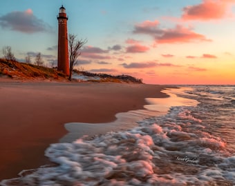 Dreamy Sunset at the Lighthouse / Michigan Photography / Lighthouse/ Little Sable/ Wall Decor / Canvas / Metal Print / Wall Art