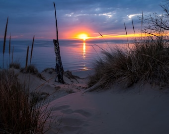 Crimson and Blues on the Dune / Duck Lake State Park / Beach / Sunset Print / Canvas / Metal Print / Michigan Photography