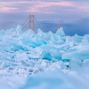 Frozen Blue  / Upper Peninsula / Mackinac Bridge / Sunrise / Michigan Photography / Canvas / Metal Print