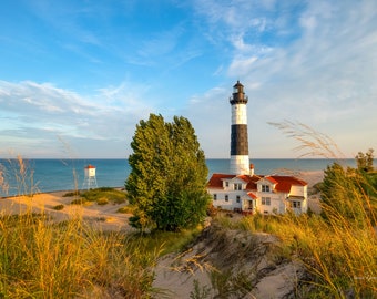 Luz de la mañana / Faro de Big Sable / Ludington / Fotografía de Michigan / Decoración de pared / Lienzo / Impresión de metal / Arte de pared