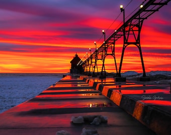 Burning Sky  / Lighthouse / Sunset / Pier / Michigan / Michigan Photography / Grand Haven / Nautical / Canvas / Metal Print