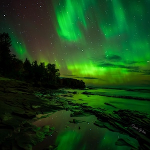 Emerald Reflections / Northern Lights / Porcupine Mountains / Upper Peninsula / Michigan / Night Sky / Canvas / Metal Print