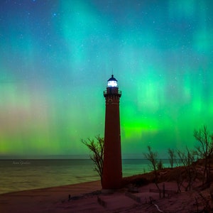 Burning Sky  / Northern Lights / Silver Lake / Little Sable Lighthouse / Michigan / Night Sky / Canvas / Metal Print