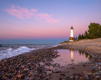 Reflections Under a  Pink Sky / Upper Peninsula / Whitefish Point / Lighthouse / Michigan Photography / Canvas / Metal Print