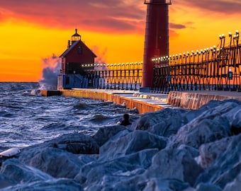 Waves and Sunset Gold / Lighthouse / Waves / Michigan Photography / Grand Haven / Nautical / Canvas / Metal Print