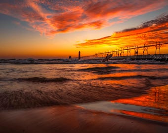 Sunset Surf  / Grand Haven Lighthouse / Michigan / Lighthouse / Canvas / Metal Print / Michigan Photography