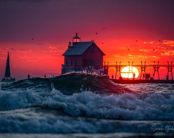 Sunset Trifecta /  Grand Haven Lighthouse / Michigan / Lighthouse / Canvas / Metal Print / Michigan Photography