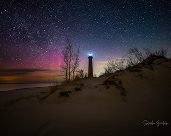 Celestial Dream / Stars / Northern Lights / Silver Lake / Little Sable Lighthouse / Michigan / Night Sky / Canvas / Metal Print