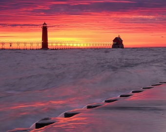 Colors And Fire At Grand Haven Pier (vertical option) / Michigan Photography / Wall Art
