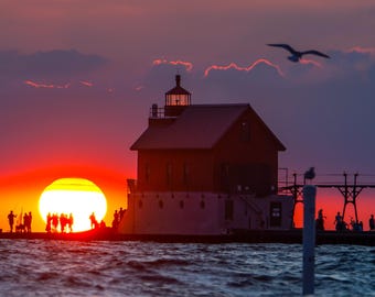 Grand Summer Sunset  / Sunset / Lighthouse / Waves / Michigan Photography / Grand Haven / Nautical / Canvas / Metal Print