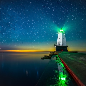Red Light Green Light Night Light / Ludington Lighthouse / Michigan Photography / Stars / Milky Way / Night Sky / Canvas / Metal Print