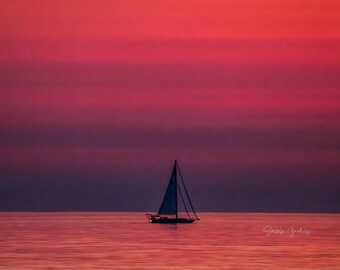 Sunset Sail Into Dusk  / Sailboat / Sailing / Sunset / Muskegon / Beach / Sunset Print / Canvas / Metal Print / Michigan Photography