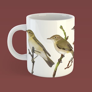 Könnte beinhalten: Weiße Keramiktasse mit einer bunten Illustration von drei Vögeln, die auf Ästen sitzen. Die Vögel sind braun, grün und gelb mit detaillierten Markierungen.