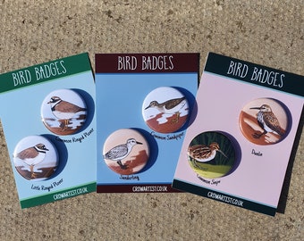 Waders or Shore birds collection of 38 mm badges | Little-ringed Plover Common ringed Plover Sanderling Common Sandpiper Common Snipe Dunlin