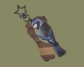Blue tit resting on cherry wood printed keyring or bag charm