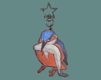 Kingfisher with a fish on cherry wood printed keyring or bag charm