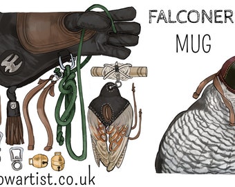 Mug Falconers en céramique avec l'Autour des palombes et les outils et l'équipement des Falconers