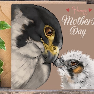May include: A greeting card featuring a drawing of a mother and baby falcon. The card is brown with pink hearts and the text "Happy Mother's Day".