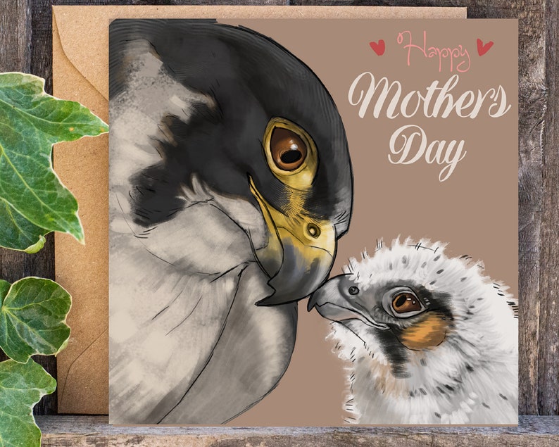 May include: A greeting card featuring a drawing of a mother and baby falcon. The card is brown with pink hearts and the text "Happy Mother's Day".