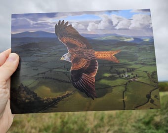 Red kite soaring over english countryside A5 Large greeting card