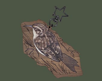 Treecreeper large bird on cherry wood printed keyring or bag charm