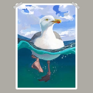 Herring Gull swimming Art Print Poster A4/A3 | Painting / Wall Art / Nature Print