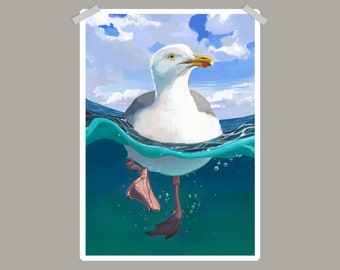 Herring Gull Swimming Art Print: Nature Wall Decor