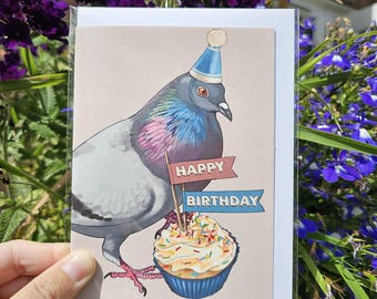 Birthday Pigeon Card A6 with a cupcake