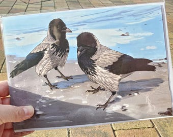 Hooded Crows on a beach large greetings card