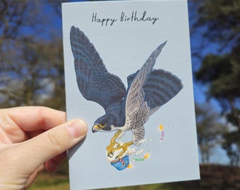 Peregrine falcon with cupcake A6 birthday greeting card