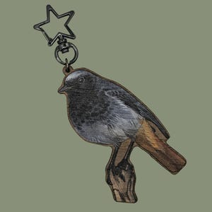 以下が含まれることがあります： 星型の留め金が付いた、鳥の形をした木製のキーホルダー。 鳥は枝に止まっており、グレー、黒、茶色の濃淡で詳細に描かれています。 キーホルダーは装飾的なアクセサリーです。