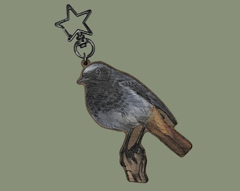 Black Redstart rare bird on cherry wood printed keyring or bag charm