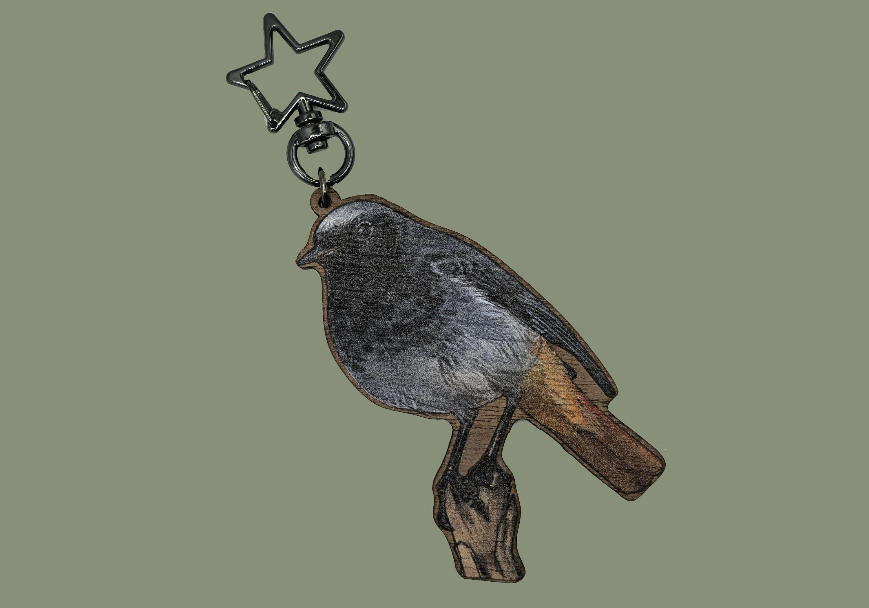 Black Redstart Rare Bird on Cherry Wood Printed Keyring or Bag