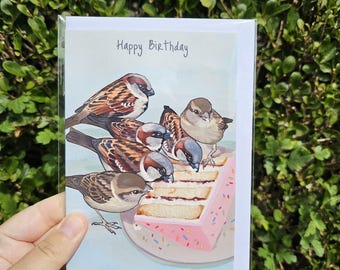 House Sparrows eating a slice of cake A6 birthday greeting card