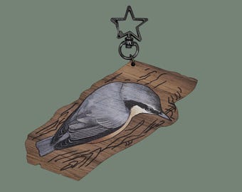 Nuthatch extra large bird on cherry wood printed keyring or bag charm