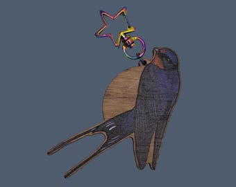 Swallow resting on cherry wood printed keyring or bag charm