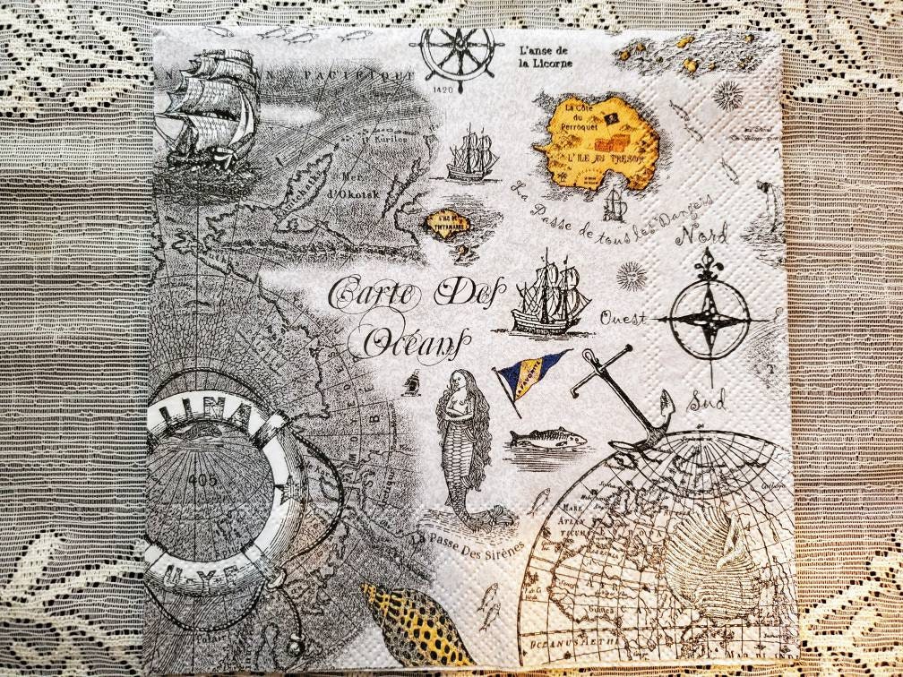 Set of 2 Nautical Map Napkins for Decoupage/Map of Ocean Etsy