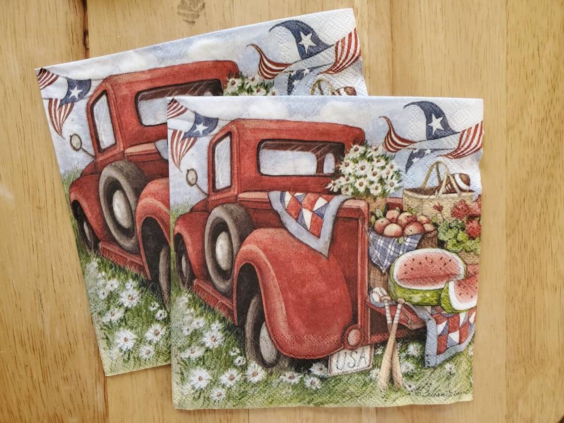 2 PATRIOTIC PICNIC Napkins for Decoupage/Red Truck with US Etsy