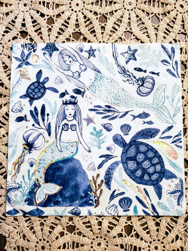 Set of 2 BLUE MERMAID Napkins for Decoupage/Sea Fantasy Etsy