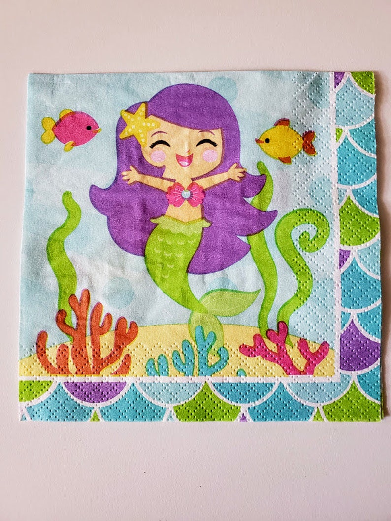 Set of 3 Mermaid Decoupage Napkin Young Girl Mermaid Etsy