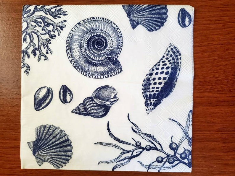 2 BLUE SEA SHELLS with Coral Decoupage Napkins/seashell Etsy
