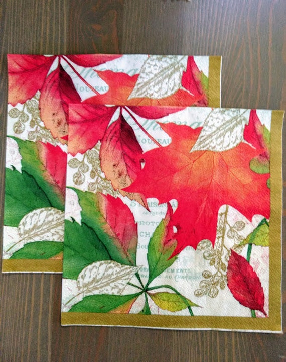 Set of 2 Autumn Leaves Decoupage Napkins/Colorful Leaves Decoupage Napkins/Fall and Autumn theme Paper Napkins