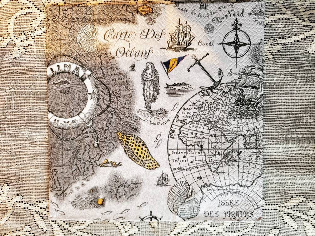 Set of 2 Nautical Map Napkins for Decoupage/Map of Ocean Etsy
