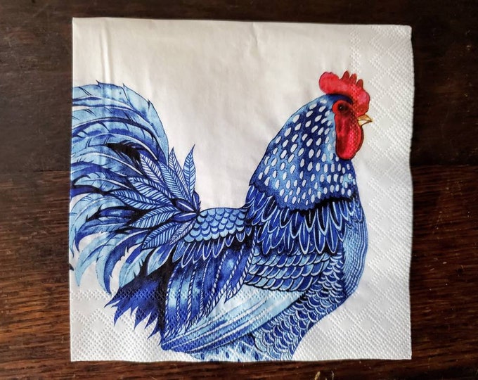 3 BLUE PLUMMAGE Rooster/hen Napkins for Decoupage/hens and Etsy