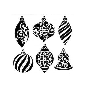 May include: Six black and white Christmas ornament stencils with various designs, including swirls, stripes, and snowflakes.