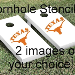 May include: Two white cornhole boards with a burnt orange Texas Longhorns logo and the word "TEXAS" in a white outline. The boards are on a green grassy surface. The text "2 images of your choice!" is printed below the boards.