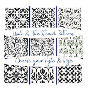 May include: Nine different black and white stencil patterns for walls and tiles. The patterns include geometric designs, floral motifs, and tree silhouettes. The text "Wall & Tile Stencil Patterns" and "Choose your style & size" is displayed on the image.